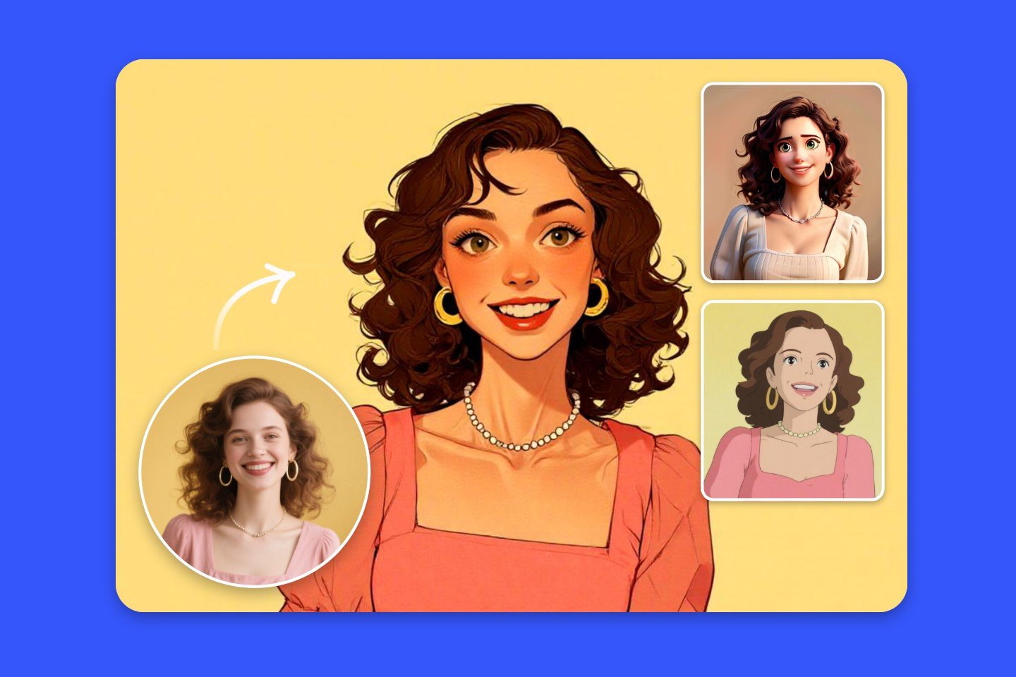 AI photo to anime converter featuring transforming a woman into different anime style