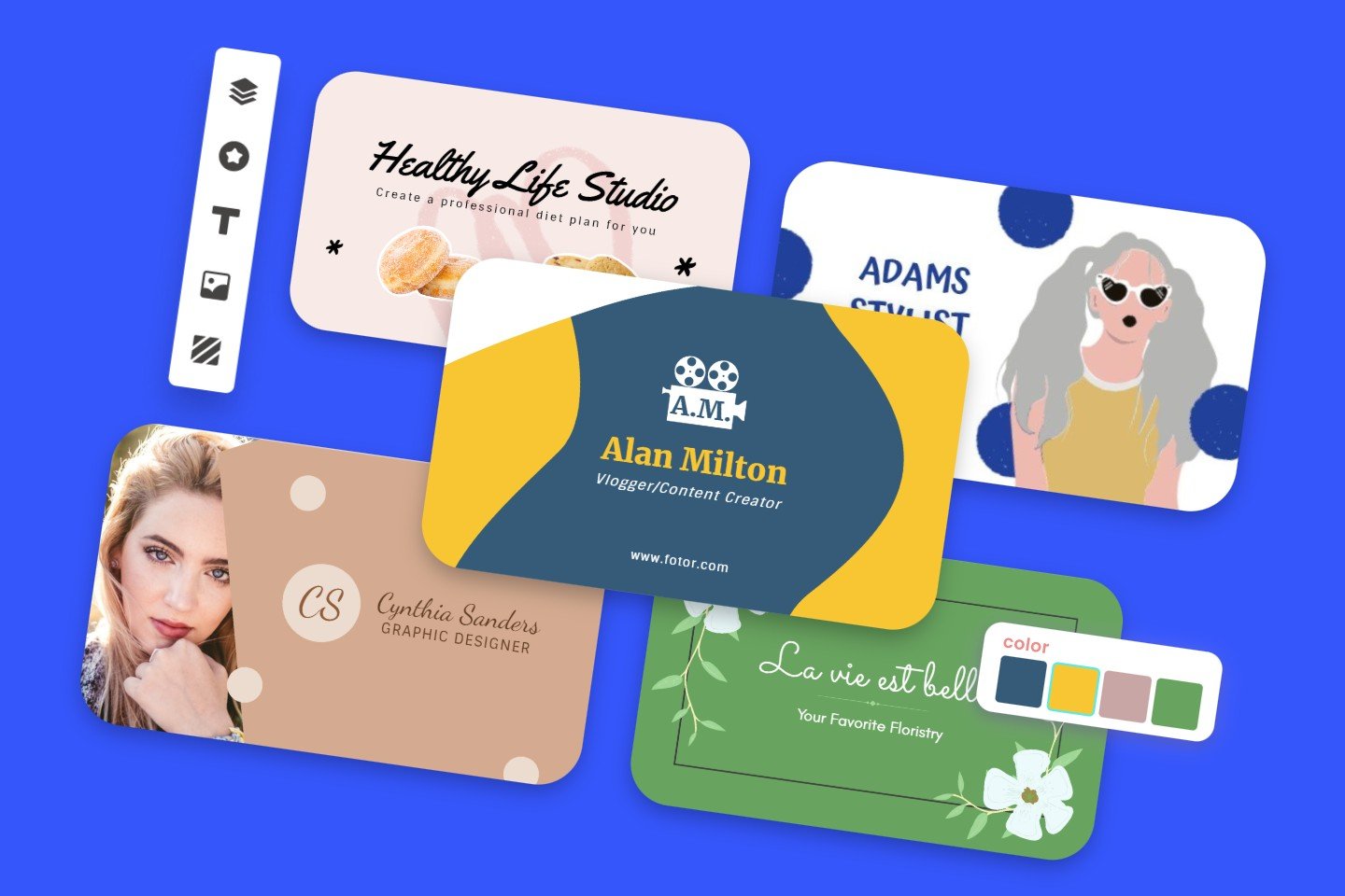 Business-Karten-Feature-Seite-Banner mit vier bearbeitbaren Business-Karten-Vorlagen von Fotor