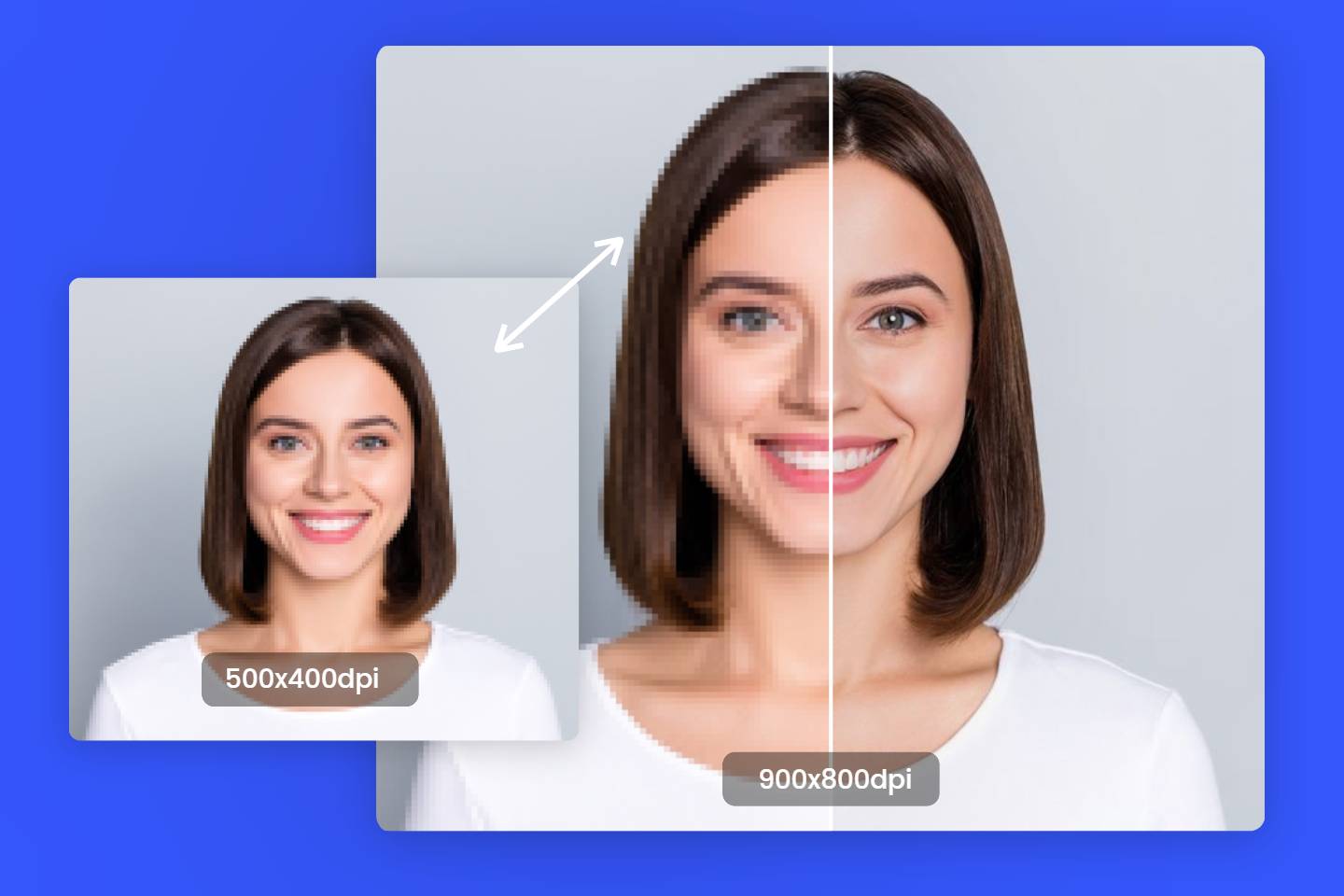 Vergleichsfoto einer Frau vor und nach der Verbesserung mit einem 4K-Bild-Upscaler