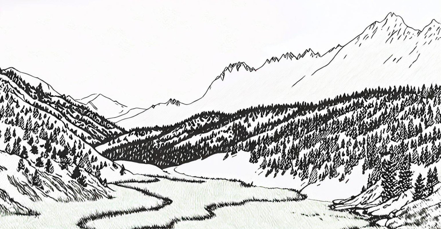 Convert a beautiful landscape photo in autumn to sketch