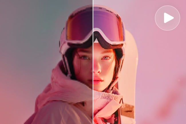 Enhance the light of ski girl wearing a big snow goggles in video with Fotor ai video enhancer