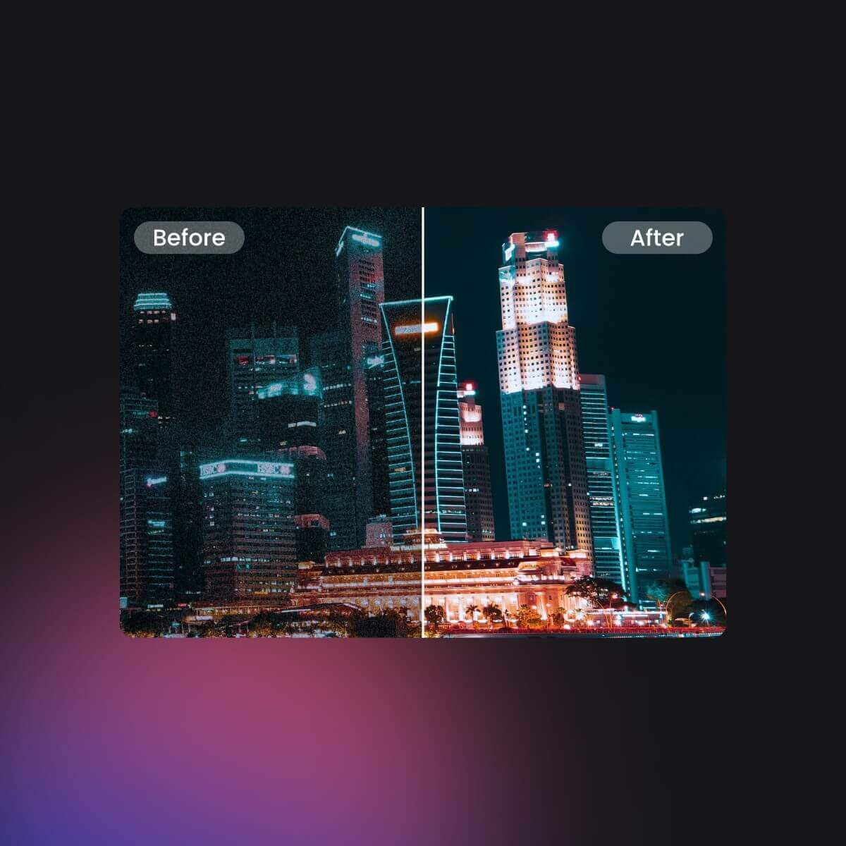 Comparison of a dark and noisy city night scene and a well-lit night scene