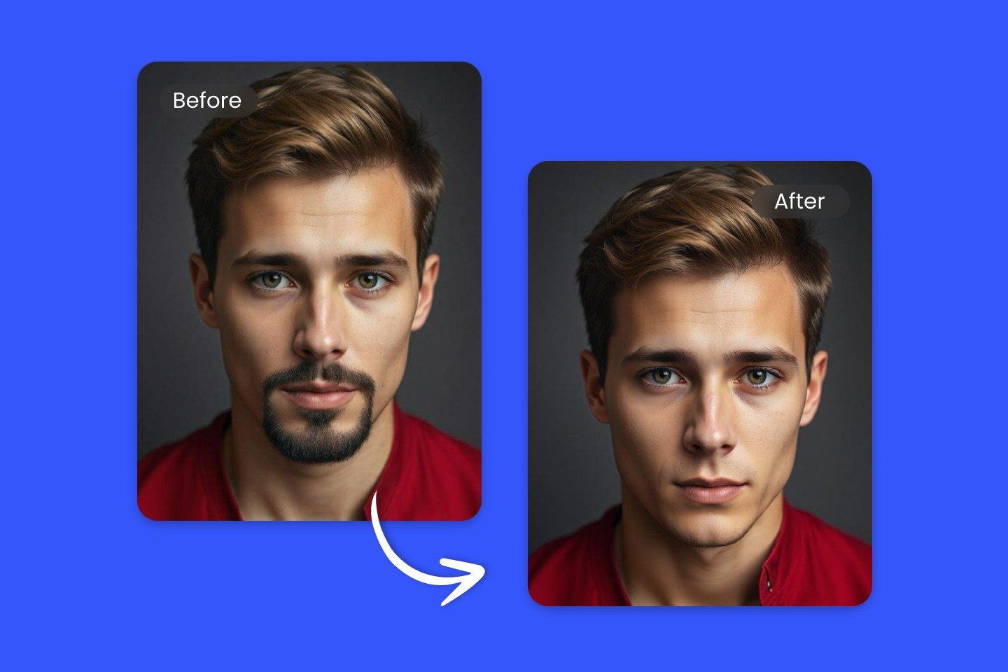 Fotor KI Ohne-Bart-Filter: Online-Vergleich von Vorher-Nachher-Bildern – Beispiel: ein gutaussehender Mann