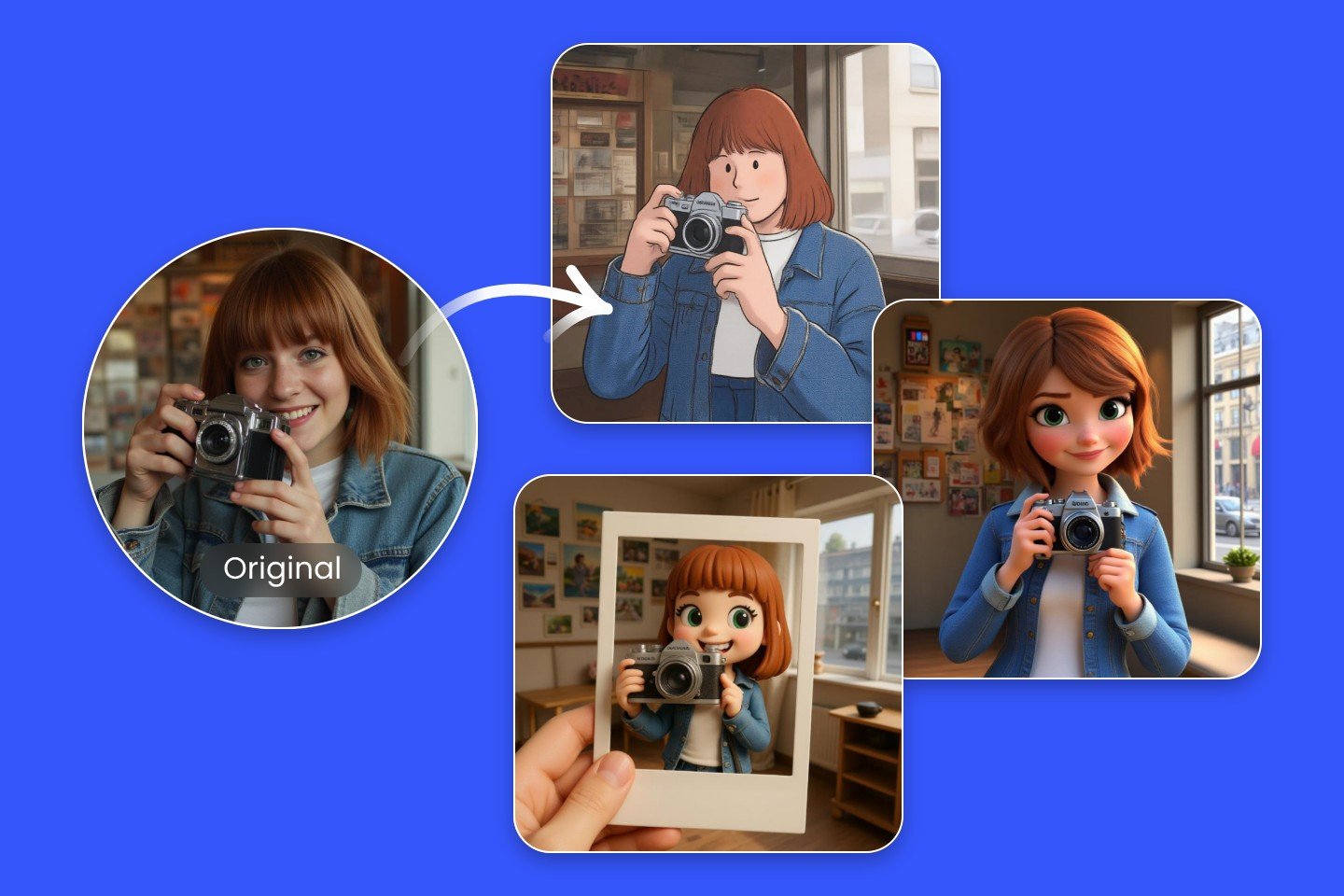 Fotor AI photo to cartoon converter featuring various effects such as clay polaroid 3 D and simple cartoon