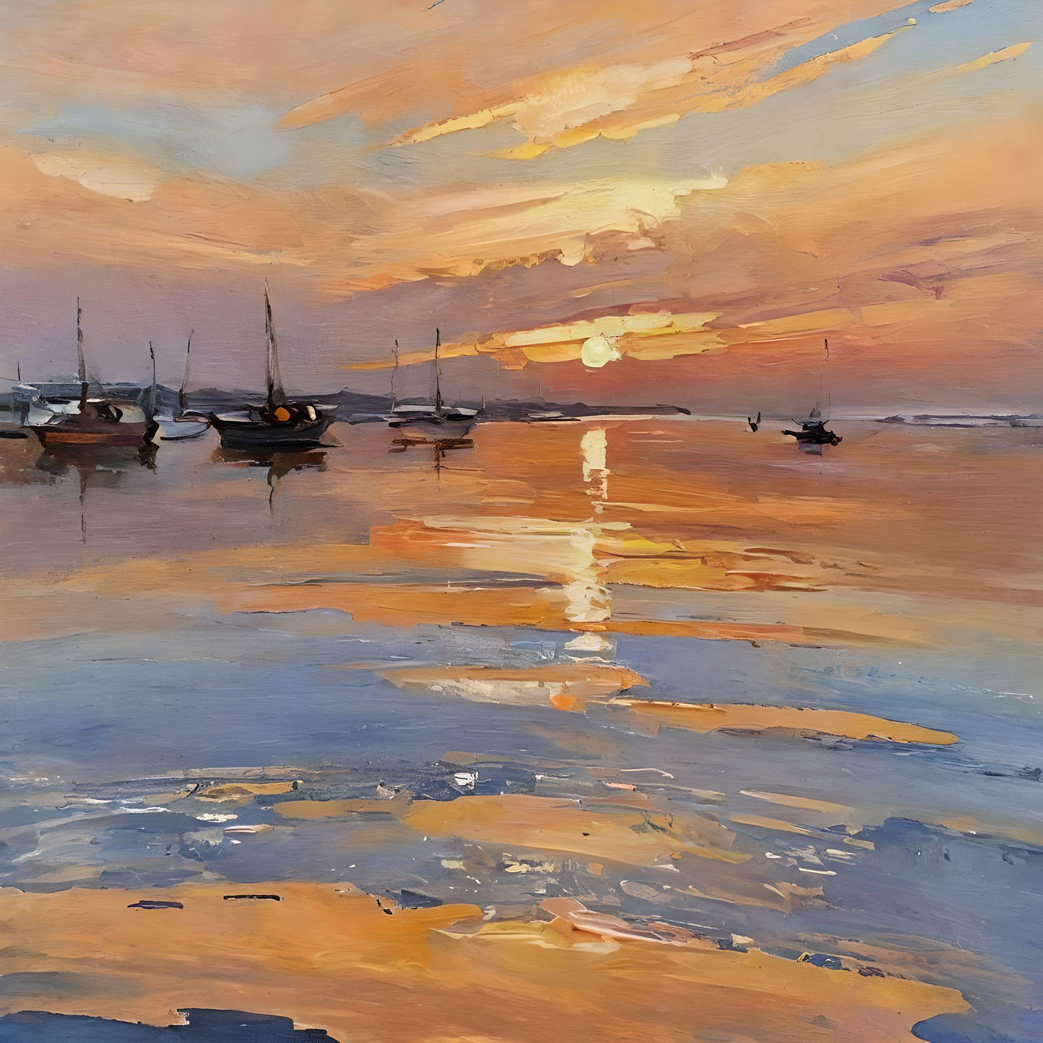 AI generated image prompt: ocean orange sky outdoors sunset water reflection watercraft boat impressionist