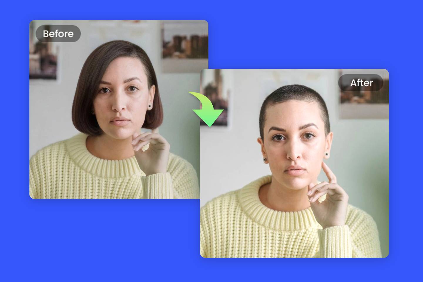 Utiliser le filtre buzz cut en ligne de Fotor pour transformer une coupe au carré féminine en coupe militaire