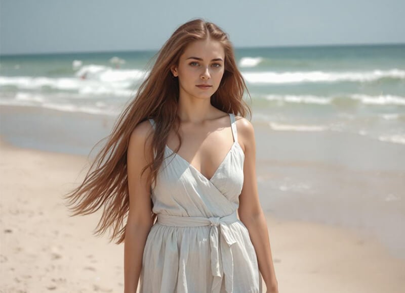 Eine Frau steht am Meer mit mehreren Passanten im Hintergrund