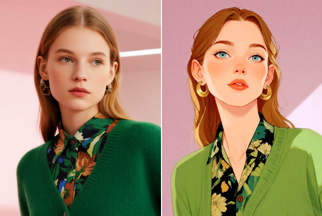 Fotor ai filter turns a girl with long hair and green clothes into anime style