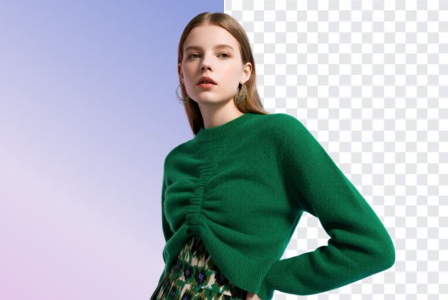 Remove the background from a girl wearing green color clothes with before and after transparent comparation with Fotor AI