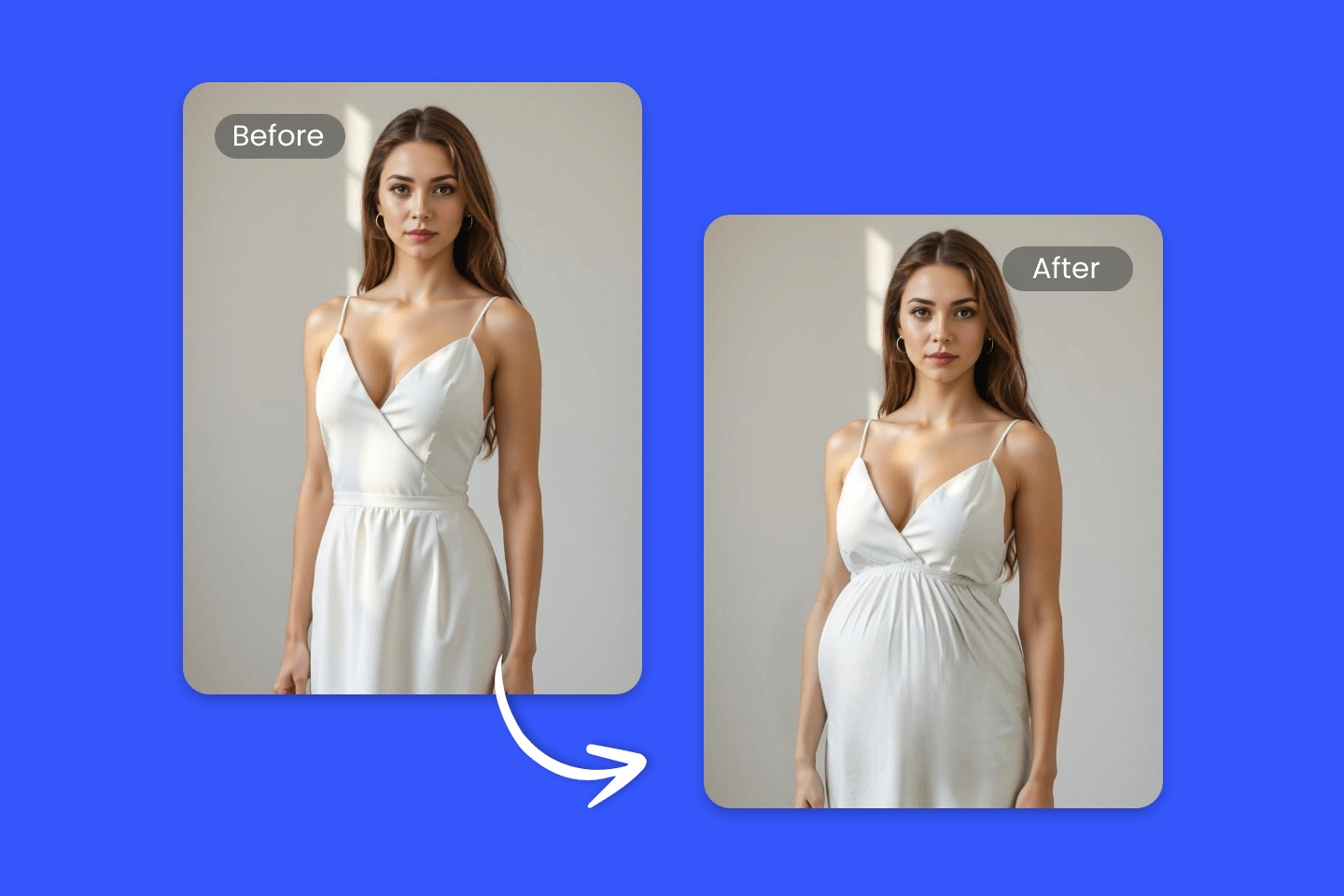 Mit dem KI Schwanger Filter von Fotor lässt sich eine Frau im weißen Kleid schwanger darstellen